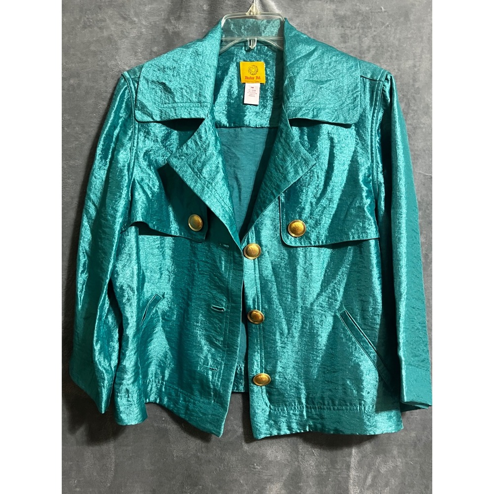 Ruby Rd Metallic Teal Crinkle Jacket Gold Buttons 80s Glam Power Blazer sz 14